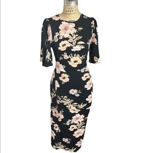 Black Floral Bodycon Maxi Dress with 3/4 Flare Sleeves